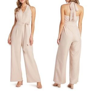 NEW WILLOW Taupe Rose VICTOR Halter Neck TIE WAIST 70's Vibe Wide Leg JUMPSUIT L